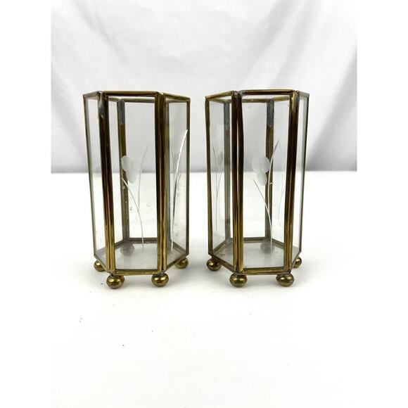 VTG Mini Brass Etched Glass Lantern Candle Holder Display Lot of 2 - Picture 2 of 16